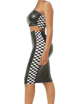 Black &amp; White 2-Piece Checkered Vegan Faux Leather Pencil Skirt &amp; Tube Top Set L - £15.56 GBP