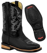 Kids Unisex Genuine Leather Cowboy Boots Solid Classic Black Square Toe Botas - £43.95 GBP