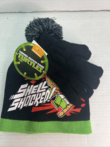 Nickelodeon TMNT Shell Shocked Boys Beanie Hat &amp; Gloves Black Pom Pom NEW - $18.34