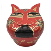 Vintage Folk Art Red Wood Cat Box Hand Carved Hinged Trinket Jewelry Ind... - $24.72