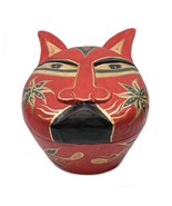 Vintage Folk Art Red Wood Cat Box Hand Carved Hinged Trinket Jewelry Ind... - $24.72