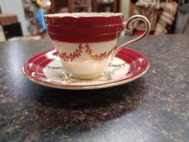 Aynsley Bone China Demitasse Cup &amp; Saucer Maroon Red Gold Neoclassical E... - $49.49