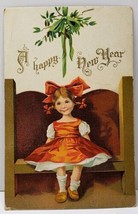 Ellen Clapsaddle New Years Greeting Cute Girl Big Bow &amp; Pigtails Postcard C18 - £7.50 GBP