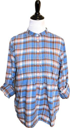 Primary image for Lands End Flannel Top Sz 18 Blue Brown Plaid High Neck Button Up Roll Tab Sleeve