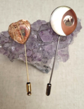 Stick Pins Lot 2  Tone Natural Stone Jasper Heart &amp; Mother of Pearl Moon Vintage - £21.89 GBP