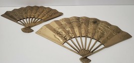 Vintage  Solid Brass hand Fans  w/  Dragon Scene Decorative Asian Wall Hanging - £29.83 GBP