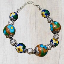 Hand Painted Floral Design Bead Bracelet Lobster Claw Clasp Brown, Blue, Green - £9.50 GBP