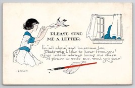 Artist Signed E Weaver Woman Sending Letter With Bird I&#39;m All Alone Postcard L21 - £5.64 GBP