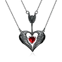 Layered Necklace Black Angel Wing &amp; Heart Cut Garnet Gemstone Engagement Pendent - £191.83 GBP