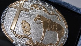 Crumrine Western Buckle Oval Praying Cowboy at Cross Silver &amp; Gold Tone ... - £51.95 GBP