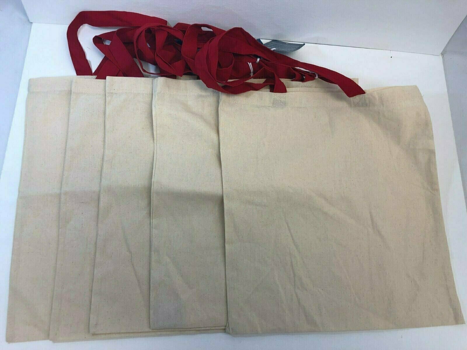 5-PACK Port Authority Cotton Canvas Budget Tote Bags - Natural/ Red, NOB - $8.99