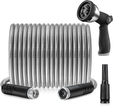 Metal Garden Hose 25ft, Stainless Steel Heavy Duty Water Hose 10 Function Nozzle - £15.55 GBP