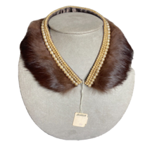Vintage Rabbit Fur Trim Pearl Beaded Collar Brown with original tags japan - £30.96 GBP