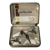 Vintage Anson Country Club Revolver Pistol Tie Clip Cufflinks Set Silver Tone - £36.61 GBP