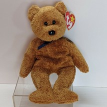 Ty Beanie Baby FUZZ Plush Brown Bear with Navy Bow 1998 stuffed animal vintage - £3.96 GBP