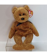 Ty Beanie Baby FUZZ Plush Brown Bear with Navy Bow 1998 stuffed animal v... - £3.87 GBP