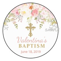 12 Personalized Baptism Stickers favors labels tags gold cross Communion flowers - £9.43 GBP