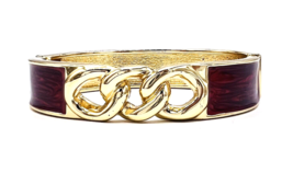 Burgundy Swirl Enamel Gold Tone Chain Hinged Bangle Bracelet - £11.05 GBP