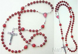 Catholic Rosary Red Coral &amp; Sterling Silver With Enameled Vintage Cross &amp; Center - £126.15 GBP