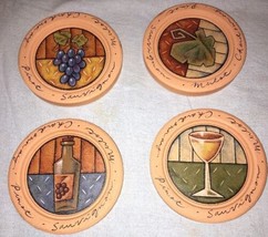 Set of 4 Round Clay Coasters w/Pictures of Wine Glass Bottle Grape Leaf Grapes - £10.41 GBP