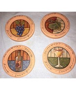 Set of 4 Round Clay Coasters w/Pictures of Wine Glass Bottle Grape Leaf ... - £9.71 GBP