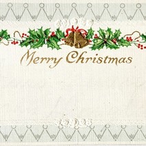 Merry Christmas Gift Tag Card 1910s Holly Gold Bells Original String PCBG6B - $375.23 MXN
