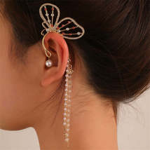 Clear Cubic Zirconia &amp; Pearl 18K Gold-Plated Butterfly Tassel Ear Cuff - £10.38 GBP