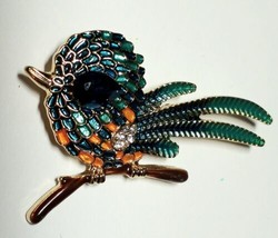 Vintage Gold Color w/ Enamel And Rhinestone CHICKADEE  2&quot; Brooch - £11.82 GBP