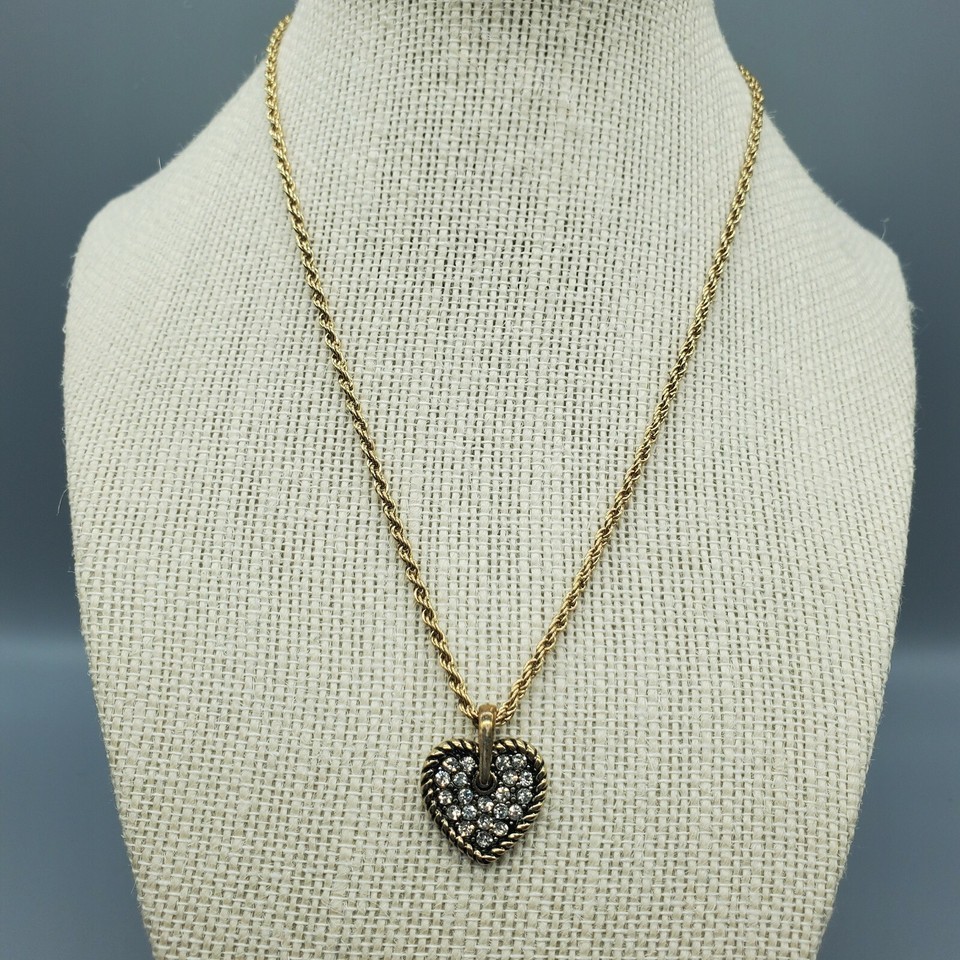 Rhinestone Heart Pendant Gold Tone Necklace Rope Chain 19&quot; Long - $18.99