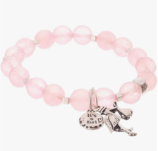 Baby Pink Glass Stone Bead New Mom Stretch Bracelet It&#39;s A GIRL Stork Charms - £9.82 GBP