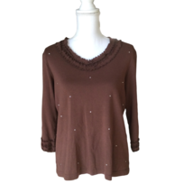 Quacker Factory Sparkle &amp; Shine Long Sleeve Knit Top Size S Brown Embellished - £10.14 GBP