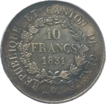 1851 Genf 10 Francs Gedenkmünze - Kanton und Republik Wiederbelebungsaus... - $18.55 CAD
