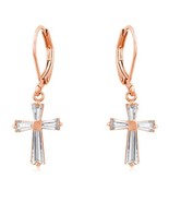 Rose Gold Plated Brass Baguette Cubic Zirconia Cross Leverback Drop Earr... - $27.00