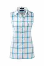 Lands End Women&#39;s Sleeveless No Iron Shirt Brilliant Teal Plaid New - £23.53 GBP