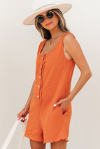Grapefruit Orange U Neck Button Front Sleeveless Romper - $292.40 MXN