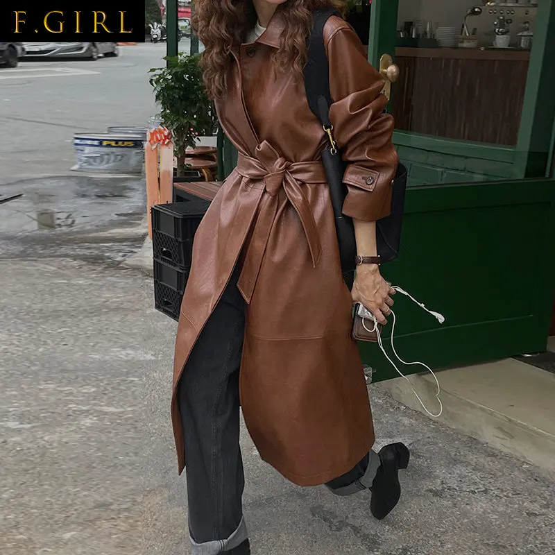 F GIRLS  Winter Long Leather Trench Coat Women Korean Long Sleeve Single Breaste - £348.98 GBP