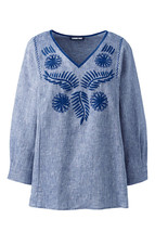 Lands&#39; End Embroidered Blouse Size: Small New Ship Free Blue Linen Caftan / Top - £70.78 GBP