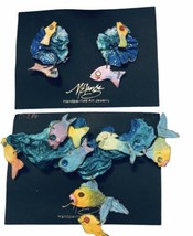 VTG 1990’s Art Jewelry PAPER Hand Made painted Fish &amp; Sea Earrings &amp; Pin Set - £24.40 GBP