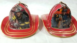 Two Vtg 2002 Xmas Ornament Red Firefighter Helmets Bradford Porcelain 5&quot; Long - £15.91 GBP