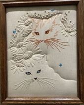 Vintage Needlepoint Embroidered Cats Butterflies Flowers Framed Artwork - £63.28 GBP