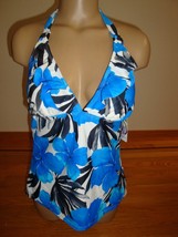 New Island Escape Ruffle Underwire Halter Tankini Swimsuit Top Blue Floral Sz 6 - £22.17 GBP