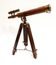 Marine Nautical Navy Brass Double Barrel Telescope 18&quot; With Wooden Tripod Stand - £197.51 GBP