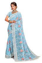 Designer Sky Blue Resham Chikankari Embroidery Sari Georgette Party Wear... - £62.33 GBP