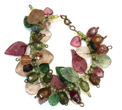 Vtg Art Glass Bracelet Molded Leaves &amp; Wire Wrapped Candy Like Beads Colorful - $49.99