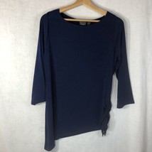 Chico&#39;s Travelers Size 0 Navy Pullover Knit Tee Shirt Ruched Tie Side Acetate - £19.38 GBP