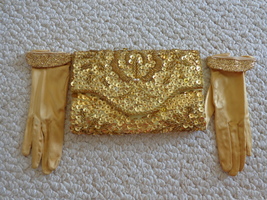 Vintage Gold Sequined Clutch Purse with Gloves (#3070) - £20.90 GBP