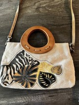 Relic Fossil Handbag Natural Burlap Wooden Handle Leather Zebra &amp; Leaves... - £15.81 GBP