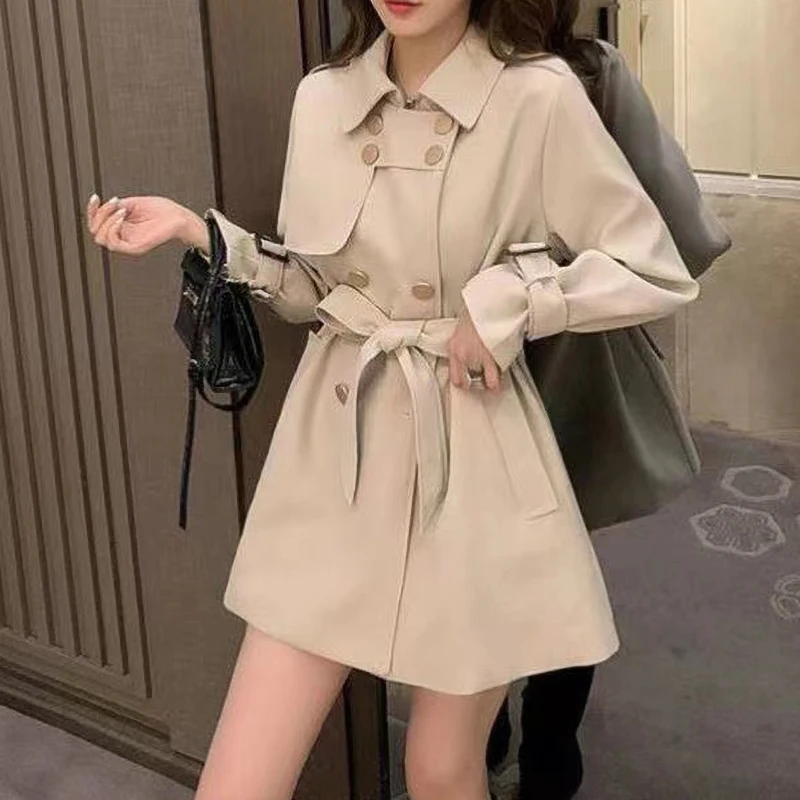 Autumn Thin Woman Mid Long Trench Coat Elegant Fashion Korean Casual Beige Loose - £237.63 GBP