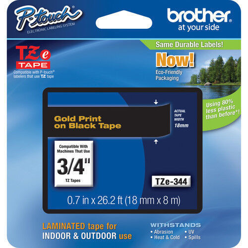 Brother TZe344 3/4" 18mm Gold on Black Ptouch TZ tape PT2030 PT2030VP PTH300