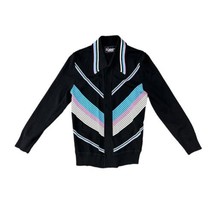 Vintage 70s Black Top Pink Blue Bold Striped 1970s Womens S Open Front Cardigan - £57.78 GBP